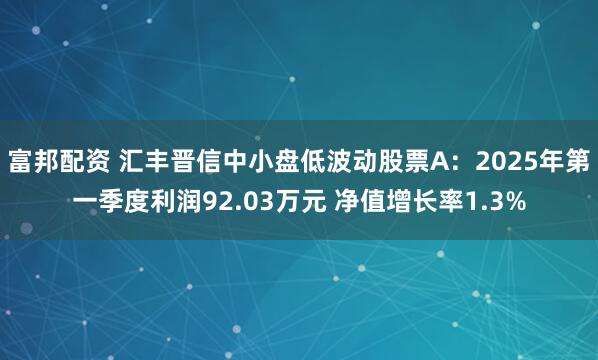 富邦配资 汇丰晋信中小盘低波动股票A：2025年第一季度利润92.03万元 净值增长率1.3%